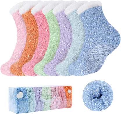Bulinlulu Fuzzy Socks with Grips Plush Sleep Cozy Winter Soft Hospital Fluffy Socks for Womens Mens Gifts
