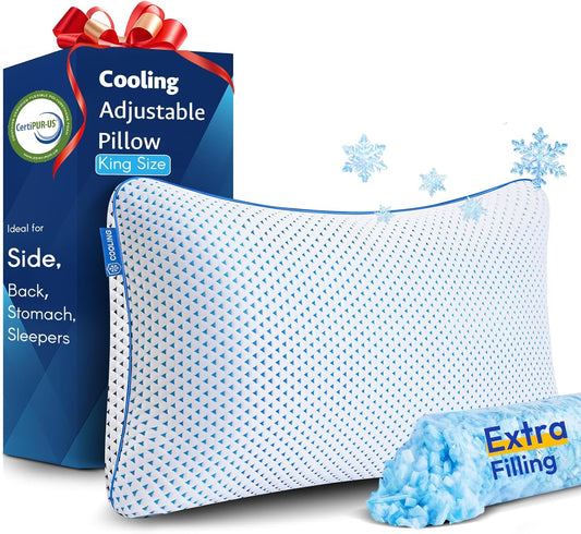 Cooling Gel Memory Foam Pillow Queen Size for Sleeping 1 Pack, Thick Adjustable Firm Shredded Foam Bed Pillows for Side, Back, Stomach Sleepers, Soft Yet Support, Breathable, CertiPUR-US, College Dorm