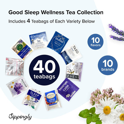 Sippingly Night Time Tea Sampler – 40 Herbal Teas – 10 Flavors from Top Brands – Chamomile, Lavender, Passionflower – Perfect Relaxation & Calm Support – Ideal Wellness Gift – Kosher, Gluten-Free