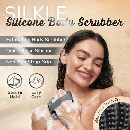 SILKLE Silicone Body Scrubber – Gentle Exfoliating Shower Scrubber for Body & Bath, Silicone Shower Brush & Loofah Alternative – Non-Slip Silicone Body Brush, Quick Dry, Hygienic - Pink