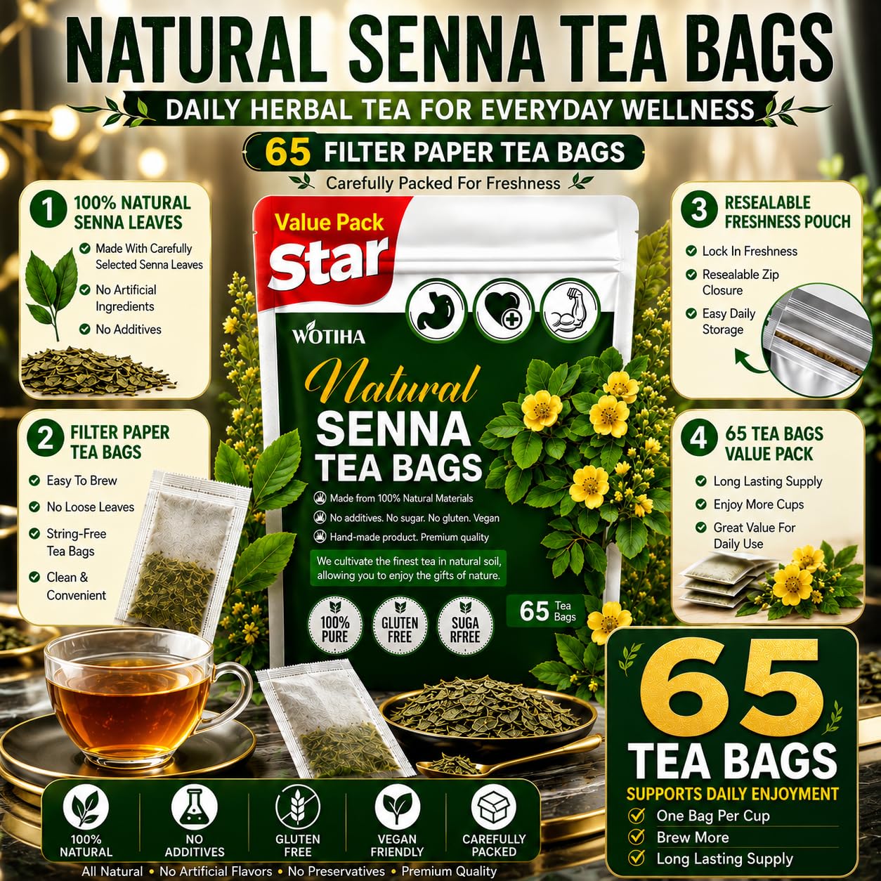 WOTIHA 60 Count Premium Lemon Balm Tea Bags - 100% Pure Natural Leaves, Lemony Citrusy Flavor, Supports Calming & Digestion, Caffeine-Free, Additive-Free, Sugar-Free, Vegan Non-GMO