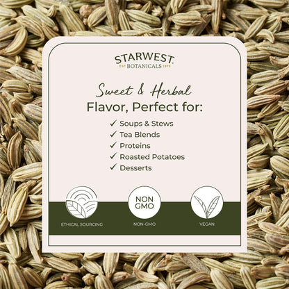 Starwest Botanicals Organic Fennel Seed, Baking, Non-GMO - Bulk 1 lb Bag