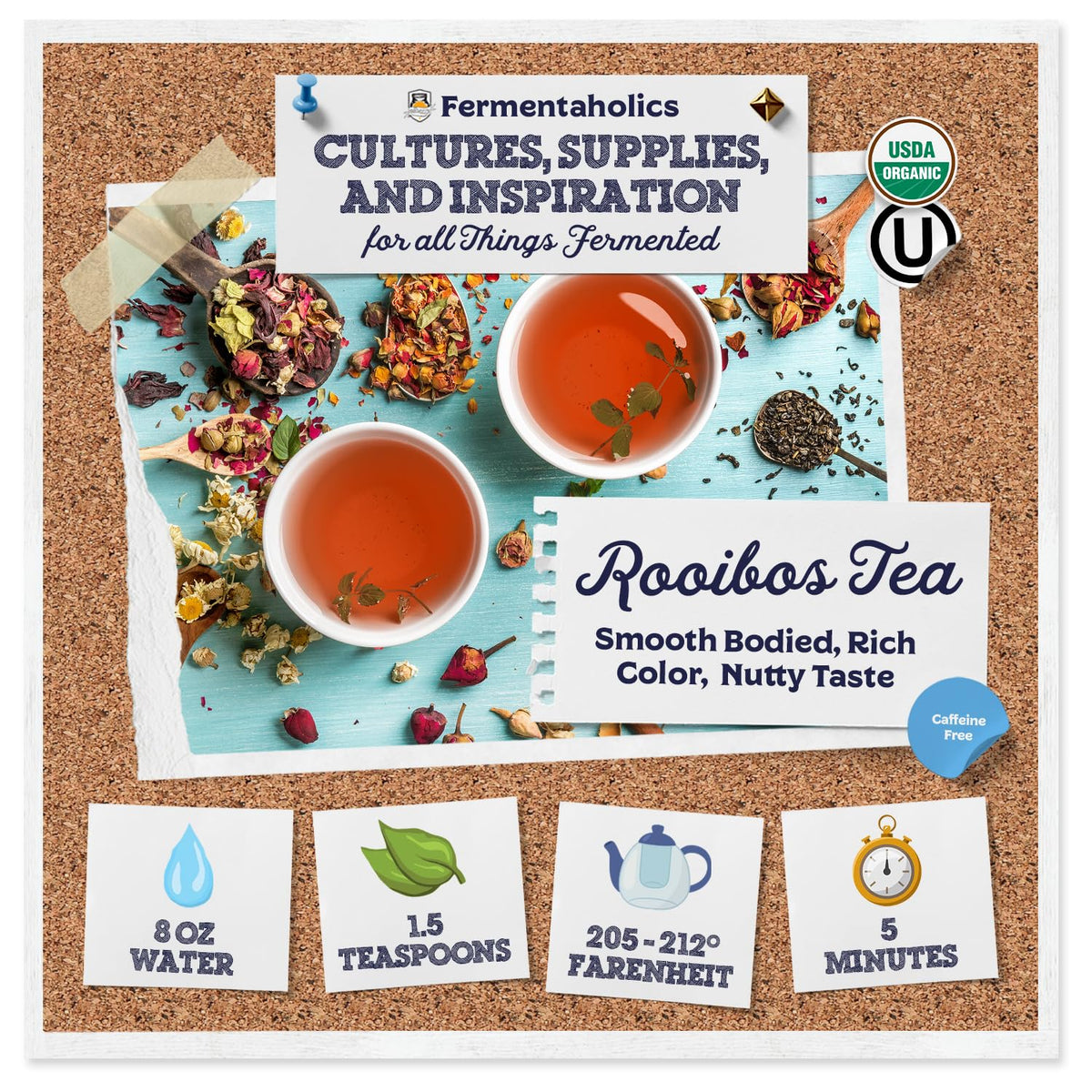 Fermentaholics Rooibos Tea – 4 oz – USDA Certified Organic Loose Leaf – Naturally Caffeine-Free – Great for Kombucha Brewing, Hot or iced tea
