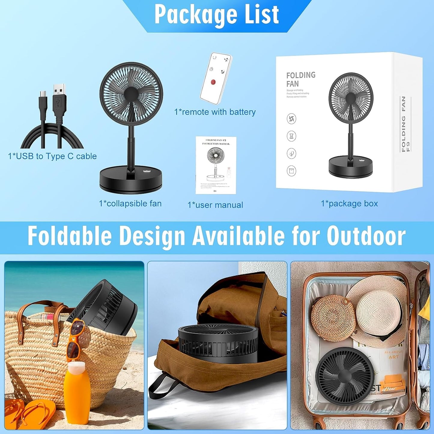 Portable Foldable Rechargeable Oscillating Fan - 8.6" 8000mah Battery Operated USB C Small Fan with Remote Quiet Table Desk Fan Folding Standing Pedestal Fan for Bedroom Rome Office Camping Travel
