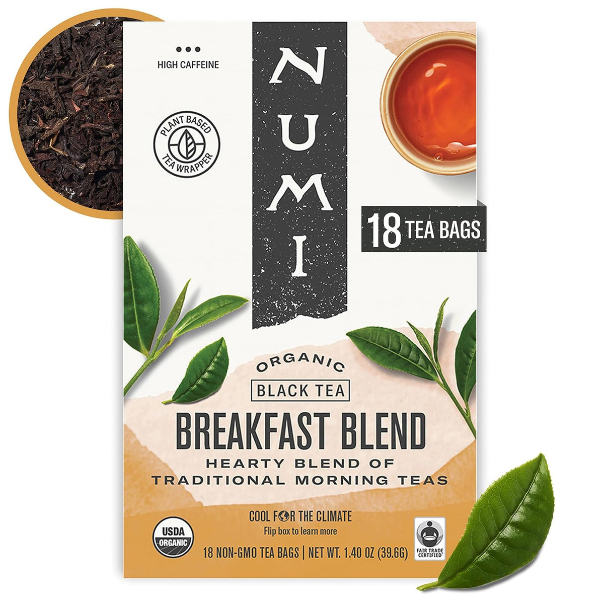 Numi Organic Breakfast Blend, 18 Black Tea Bags, High Caffeine