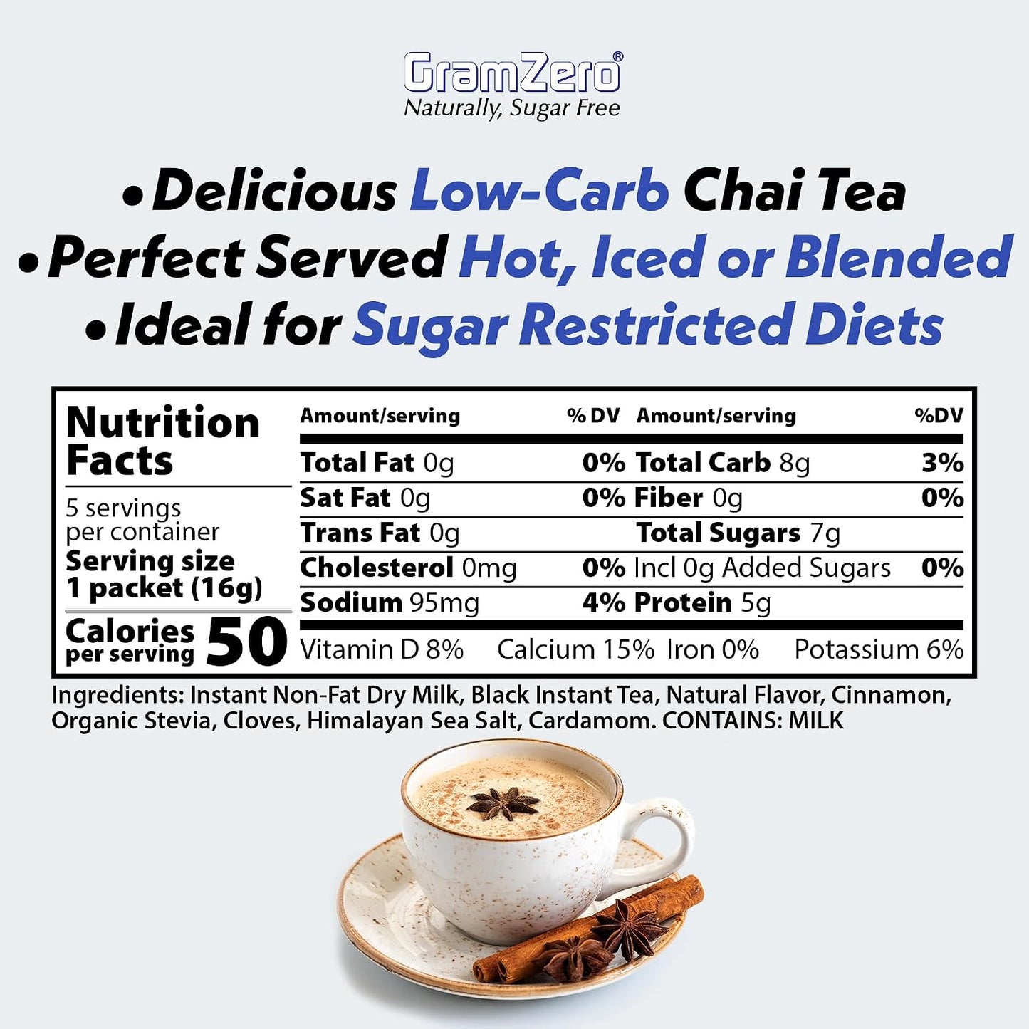 Gramzero Premium Chai Latte Powder Mix | Best Chai Drink Mix | No Sugar Added | Kosher | Stevia Sweetened | 20 Single Serve Packets | Each Packet Makes 8fl Oz Rich and Delicious Instant Chai Tea Latte