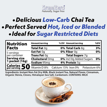 Gramzero Premium Chai Latte Powder Mix | Best Chai Drink Mix | No Sugar Added | Kosher | Stevia Sweetened | 20 Single Serve Packets | Each Packet Makes 8fl Oz Rich and Delicious Instant Chai Tea Latte