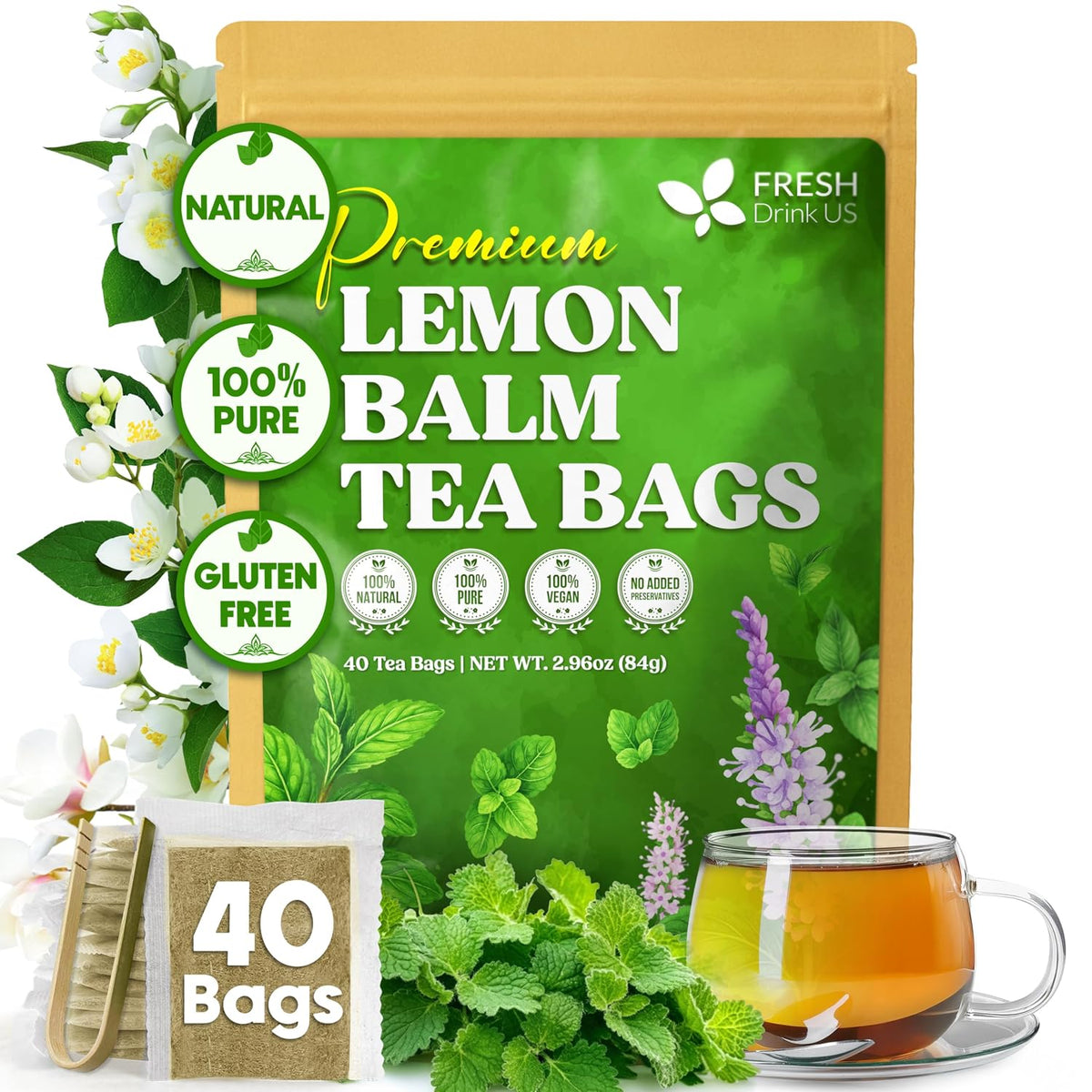 FreshDrinkUS, Lemon Balm Tea Bags | 40 Count |100% Pure Melissa officinalis – Naturally Herbal Tea | Caffeine-Free, Premium Quality, Refreshing Flavor, Sustainably Sourced