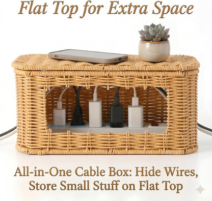 Rattan Cable Management Box, Cord Organizer to Hide Cords & Power Strip