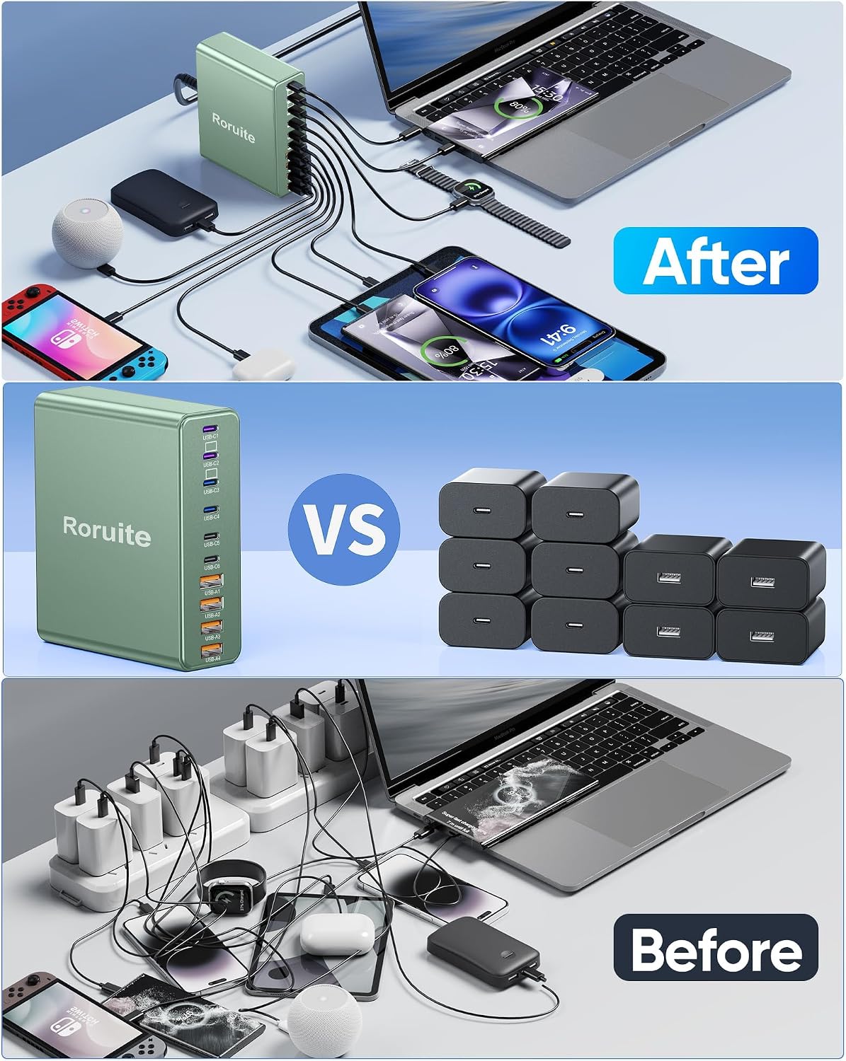 1000W USB C Charging Station, 120W PD GaN5 Super Fast USB C Charger Block