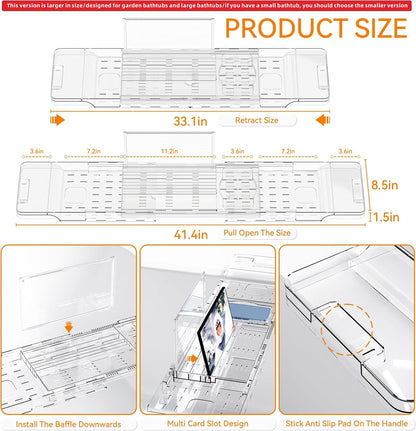Yieach Luxury Clear Acrylic Bathtub Tray with Book Holder,Expandable Bath Tray for Tub and Bath Shelf Over Tub,Plastic Bath Table & Board,Bath Caddy Trays & Accessories for Women Relaxing Spa Gifts