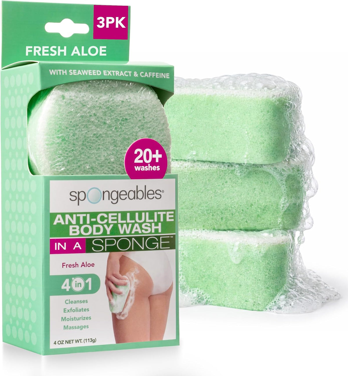 Spongeables Anti Cellulite Body Wash in a 20+ Wash Sponge, Citrus, 3 Count