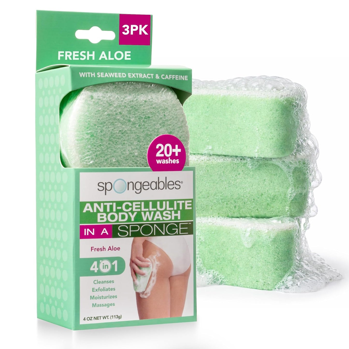 Spongeables Anti-Cellulite Body Wash in a Sponge, Moisturizer and Exfoliator, 20+ Washes