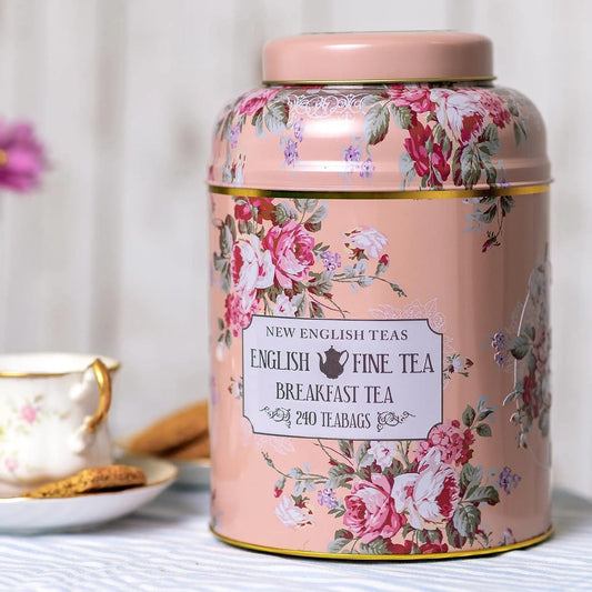 New English Teas Vintage Floral Tea Tin with 240 English Breakfast Teabags for Tea Lovers, Cottage Core