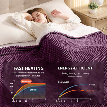 Homemate Heated Blanket Electric Throw - 50"x60" Heating Blanket Throw 1/2/4/6/8 Hours Auto-Off 10 Heat Levels Over-Heat Protection Soft Flannel Sherpa Heater ETL Certification