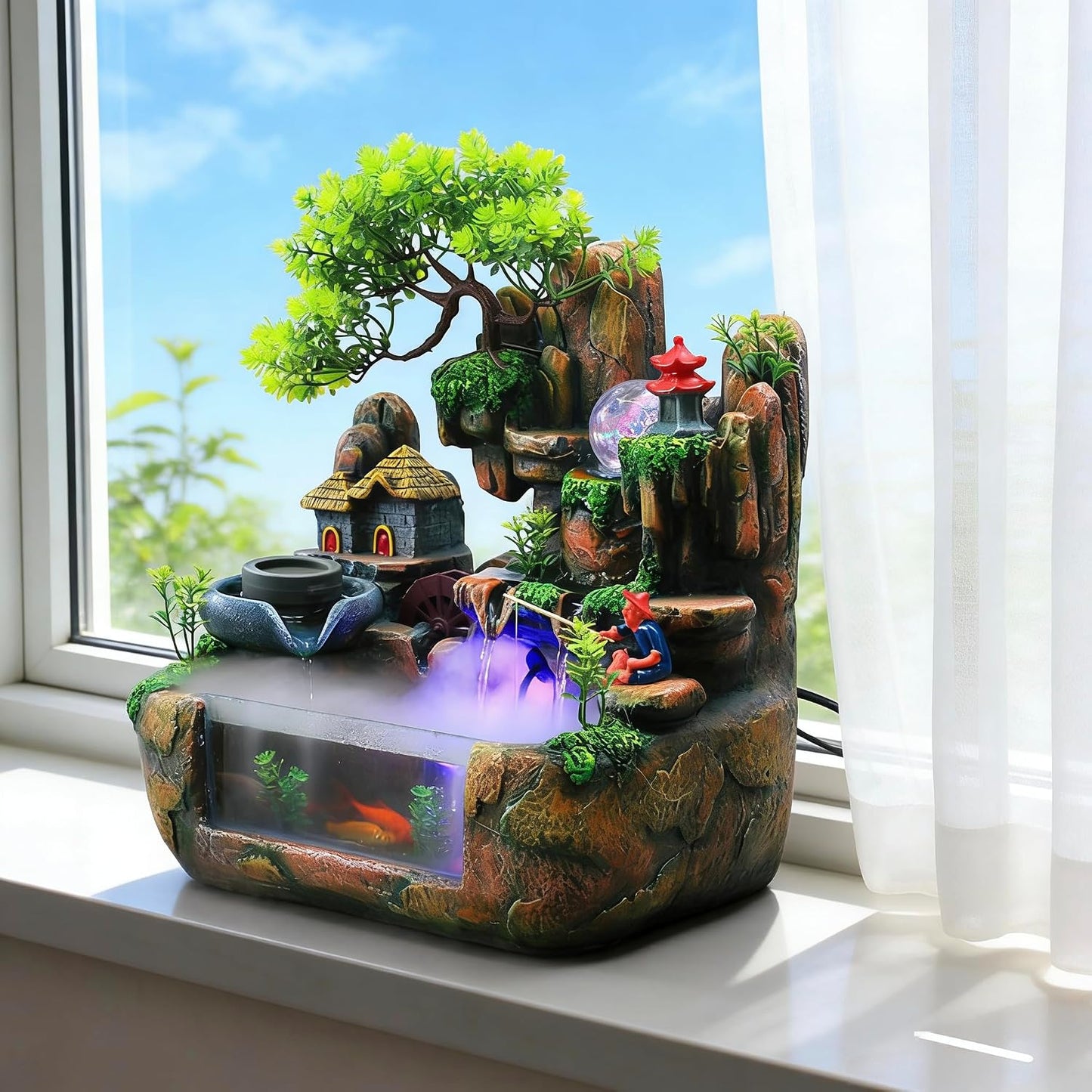 Mini Artificial Bonsai Tree Waterfall Fog Feature Rock Tabletop Fountain | 11in Desktop Decor Waterfall Fountain W/ Water Pump& Atomizer&LED Lights &Fake Tree Office Bedroom Relax