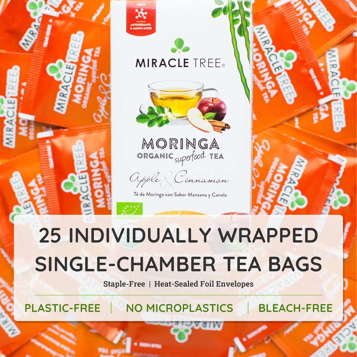 Miracle Tree Organic Moringa Tea, Apple Cinnamon, Caffeine-Free, 25 Bags
