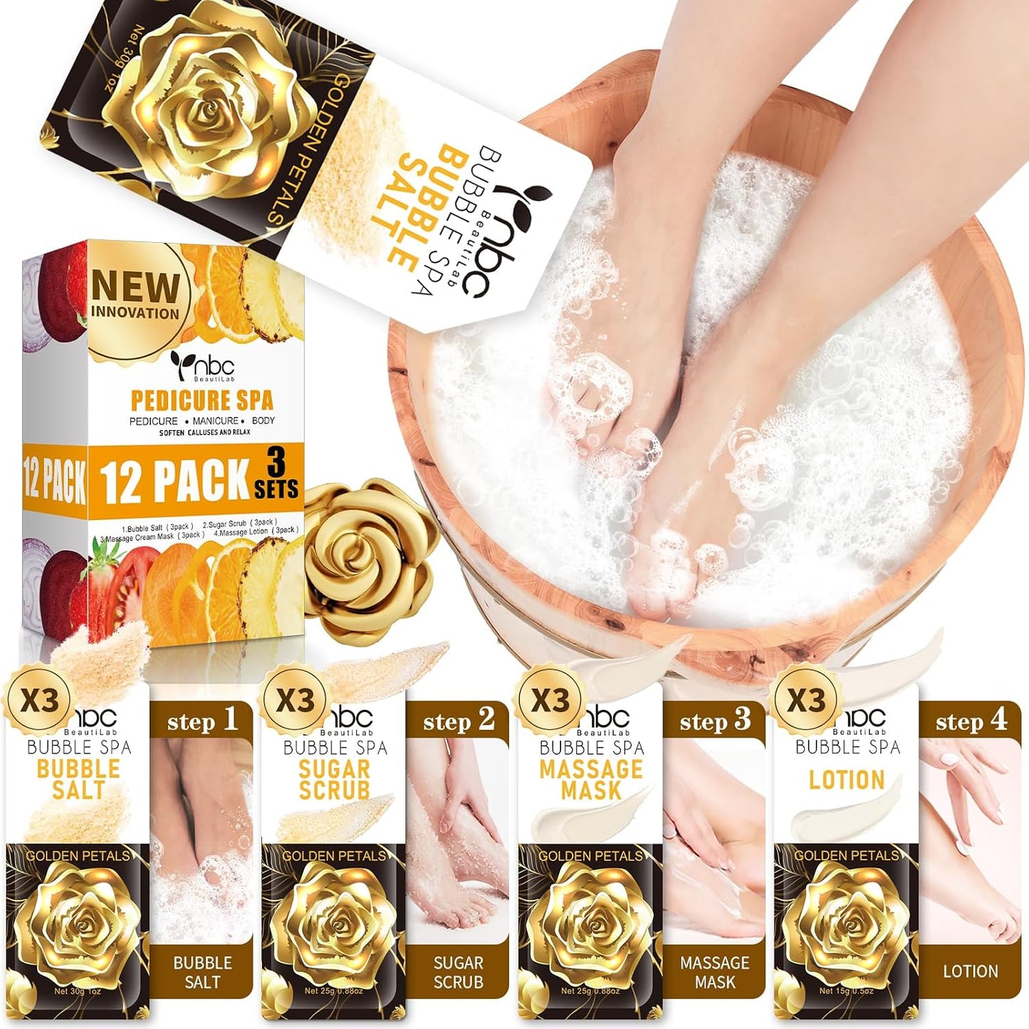 Pedicure Kit Foot Soak Set: Bubble Salt, Sugar Scrub, Massage Mask, Massage Lotion in a Box, 4 Step Foot Spa Kit for Dry Feet, Softens Calluses, Tired Feet（3 Set Lavender) - Colors A