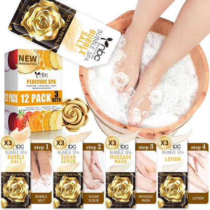 Pedicure Kit Foot Soak Set: Bubble Salt, Sugar Scrub, Massage Mask, Massage Lotion in a Box, 4 Step Foot Spa Kit for Dry Feet, Softens Calluses, Tired Feet（3 Set Lavender) - Colors A