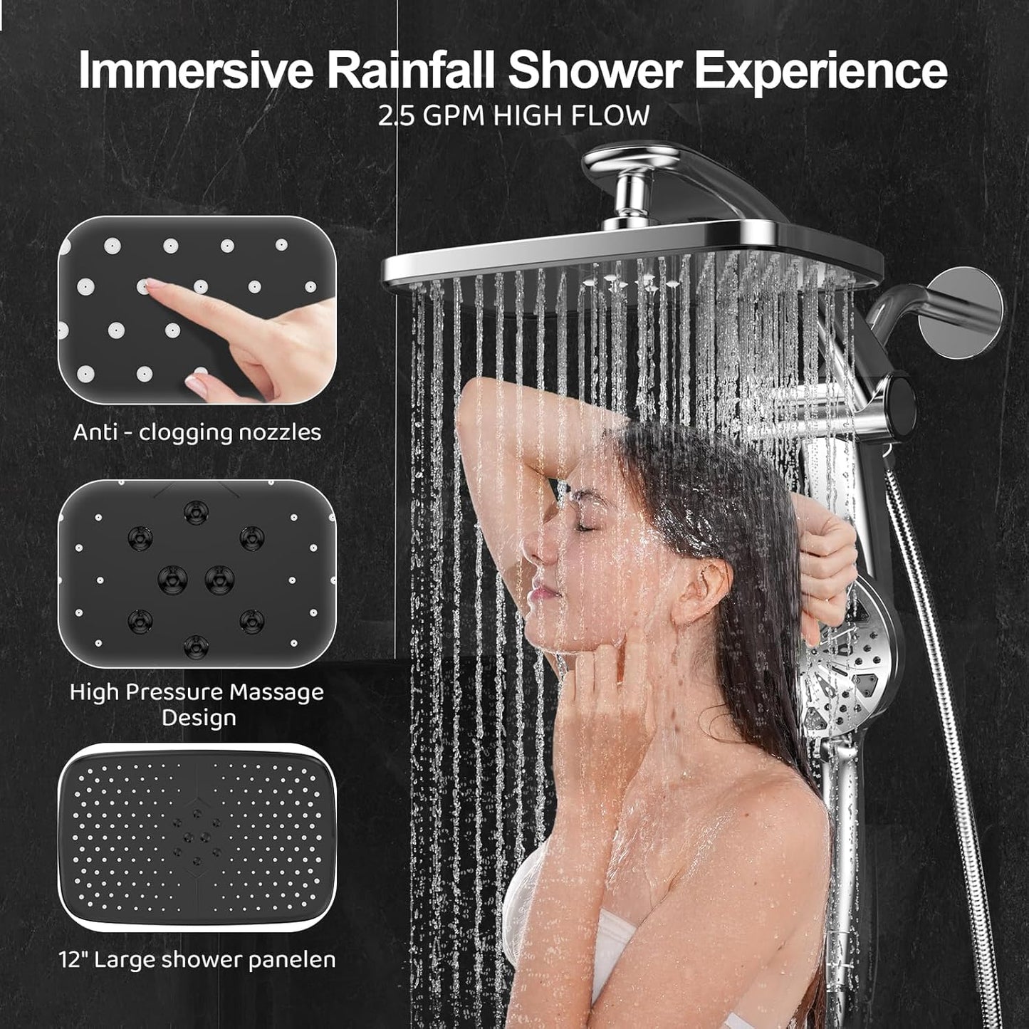 Rain Shower Head with filtered Handheld High Pressure rainfall Shower Heads with Handheld Spray Combo Adjustable one-piece stand daul shower head Built-in Magnetic Docking and Power Jets