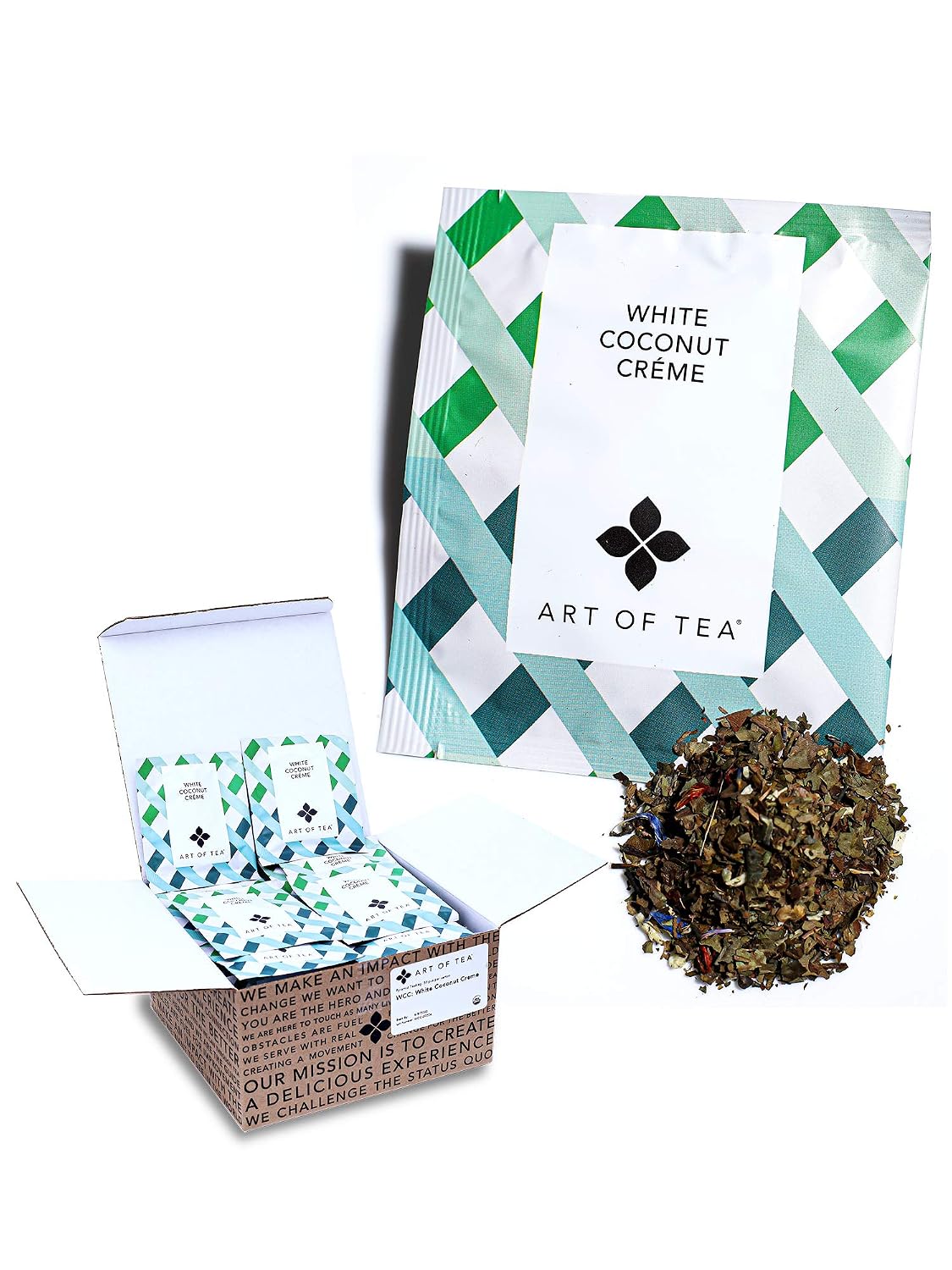 Art of Tea White Coconut Creme White Tea Bags, 50 Pyramid Sachets, Organic White Tea with Coconut & Vanilla Flavor, Low Caffeine Tropical Dessert Tea