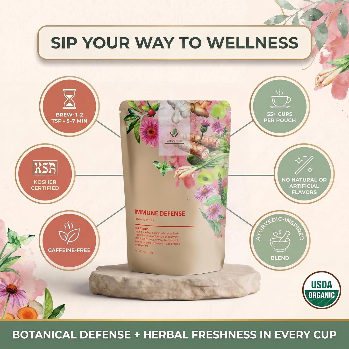 Gardenika Organic Loose Leaf Tea Sampler – 8 Pack, 1 LB – Herbal and Naturally Caffeine-Free Set - Ayurvedic Assortment Blend