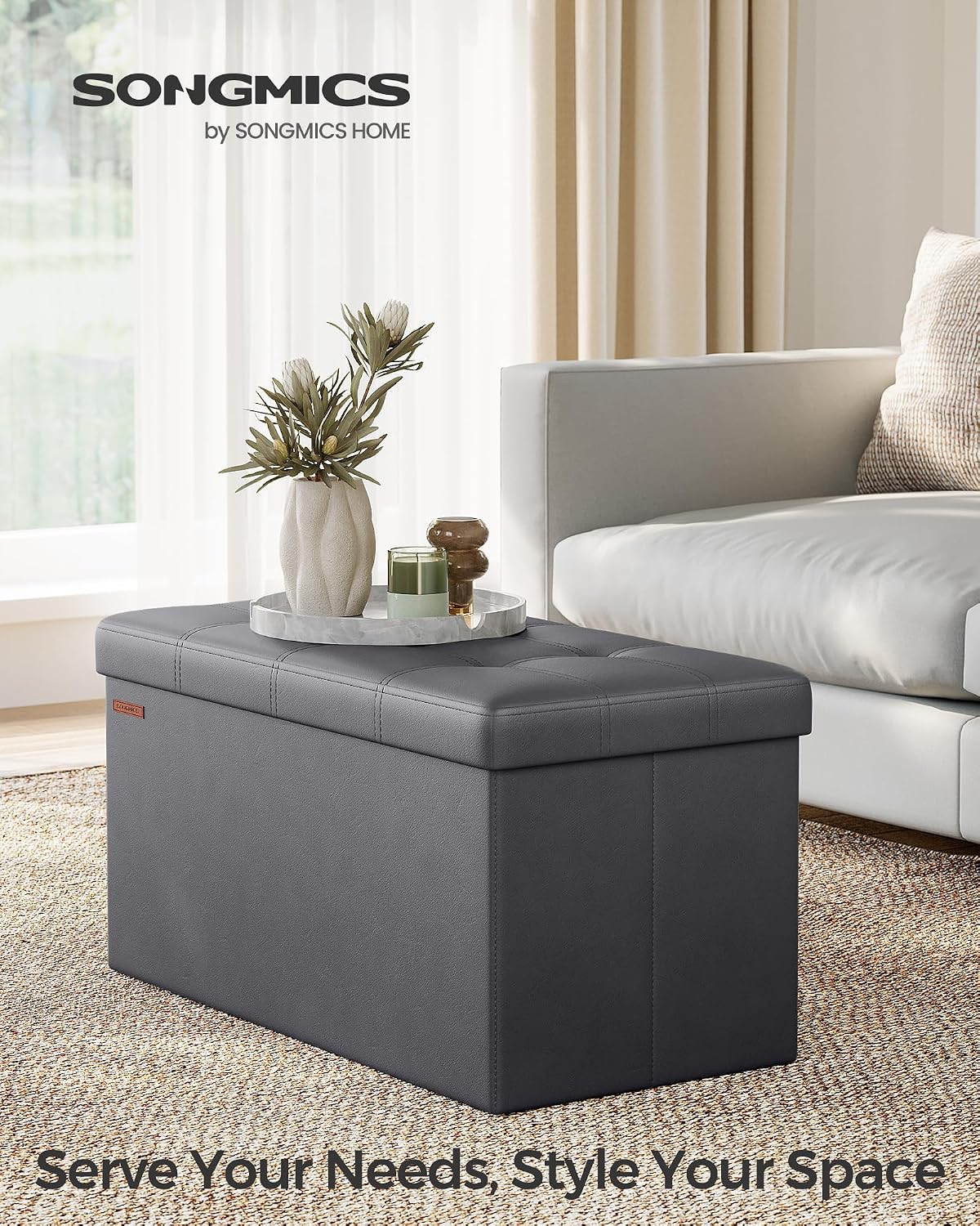 SONGMICS MAZIE Collection - 43 Inches Folding Storage Ottoman Bench, Ottoman with Storage, Foot Rest Stool, Load 660 lb, for Living Room, Synthetic Leather, Black ULSF701