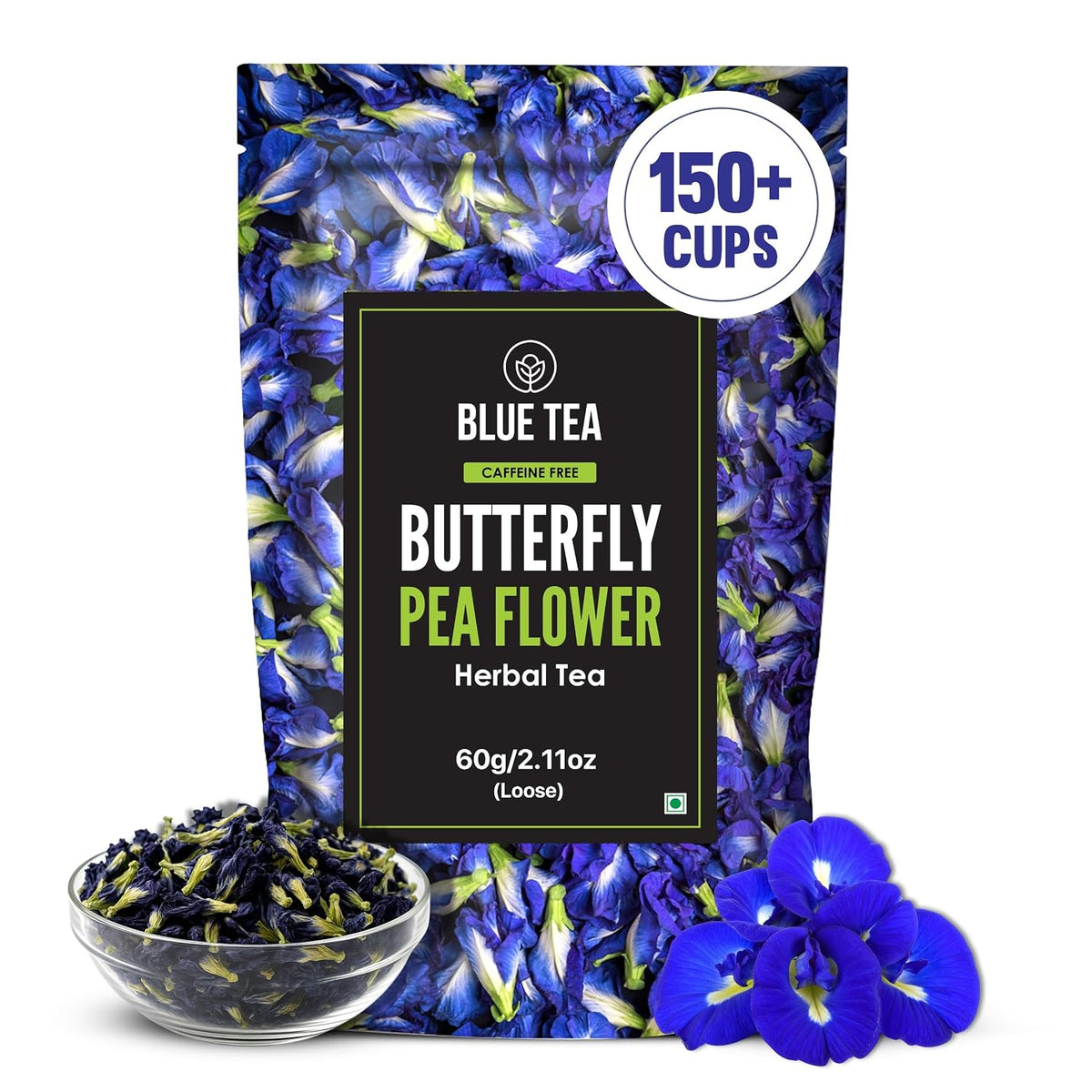 BLUE TEA - Butterfly Pea Flower Tea - 2.11 Oz (150+ Cups) | Antioxidant Rich | Chemical Free - Herbal Tea - Caffeine free - Non Bitter - No Preservatives | Zipper Pack