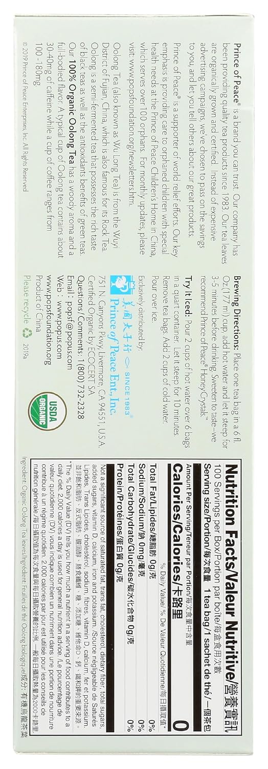 Prince of Peace Organic Oolong Tea, 100 Tea Bags – 100% Organic Black Tea – Unsweetened Black Tea – Lower Caffeine Alternative to Coffee – Herbal Health Benefits