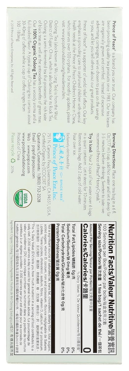 Prince of Peace Organic Oolong Tea, 100 Tea Bags – 100% Organic Black Tea – Unsweetened Black Tea – Lower Caffeine Alternative to Coffee – Herbal Health Benefits