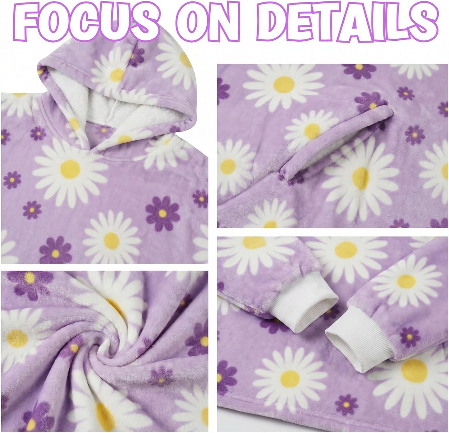 Huglanket Daisy Flower Gifts, Wearable Oversized Flannel Hooded Blankets