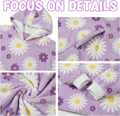 Huglanket Daisy Flower Gifts, Wearable Oversized Flannel Hooded Blankets