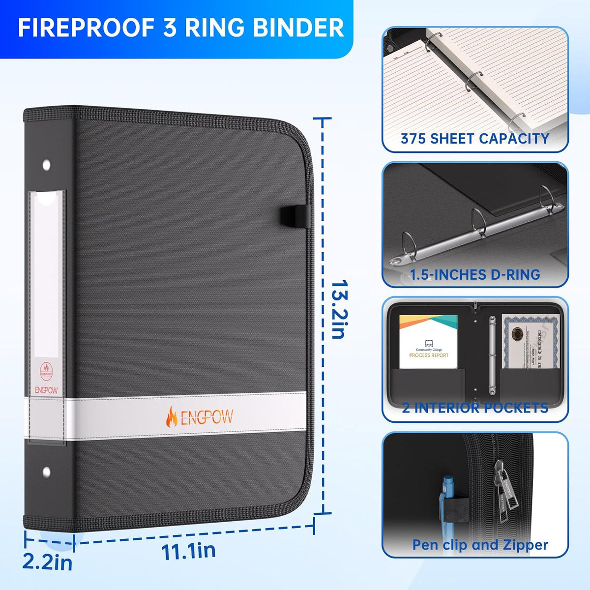 ENGPOW 3 Ring Binder,Fireproof 3 Inch D Ring Binder with Zipper,Holds 750 Sheets,Non-Stick,PVC-Free,Compatible with Clear Sheet Protectors,Portable School Office Home Safe Storage for Paper,Black
