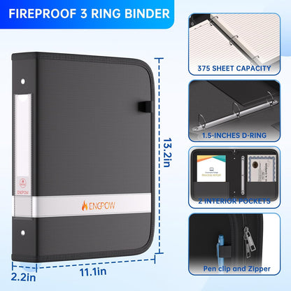 ENGPOW 3 Ring Binder,Fireproof 3 Inch D Ring Binder with Zipper,Holds 750 Sheets,Non-Stick,PVC-Free,Compatible with Clear Sheet Protectors,Portable School Office Home Safe Storage for Paper,Black