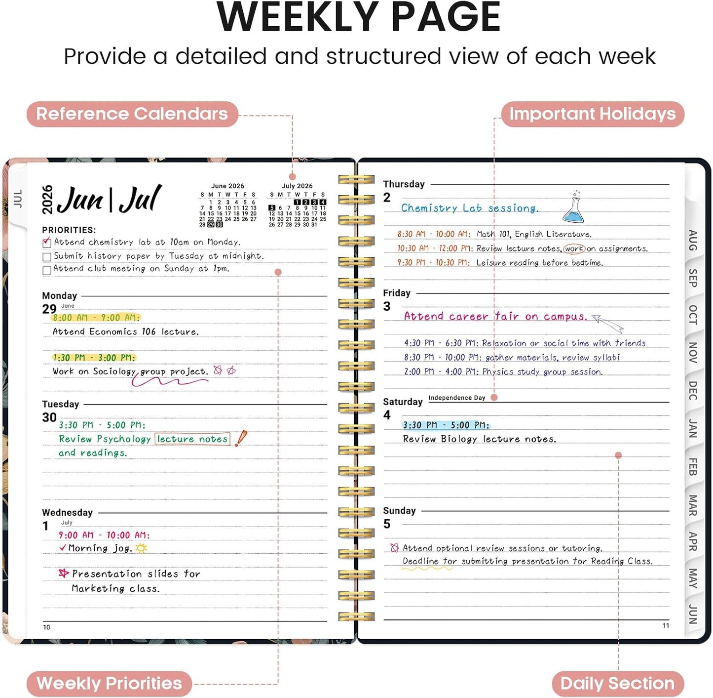 Planner 2026-2027, Academic Monthly and Weekly Calendar Planner for Women, July 2026 - June 2027, Hardcover Pretty Agenda Planner Book with Tabs, Spiral Daily Organizer for School Office Home Supplies, 6.3" x 8.5" - Blue Floral