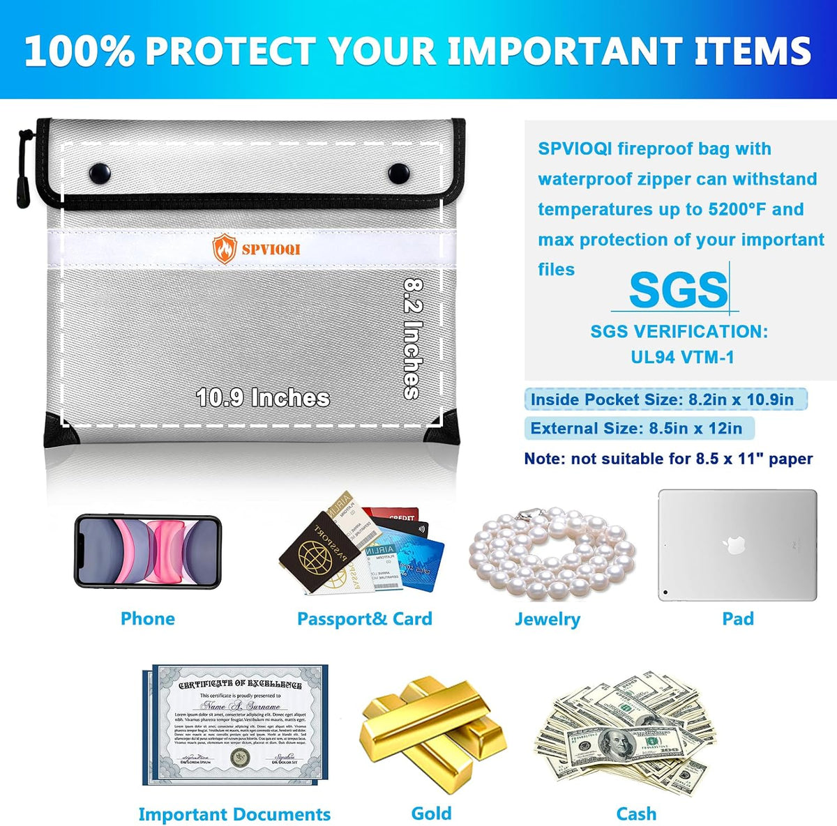 Upgraded 5200°F Fireproof Document Bag with Heat Insulated, Water Fire Proof Bags with Zipper,8 Layers of Functional Materials and Reflective Strip, Fireproof Money Bag for Cash/Documents/Valuables