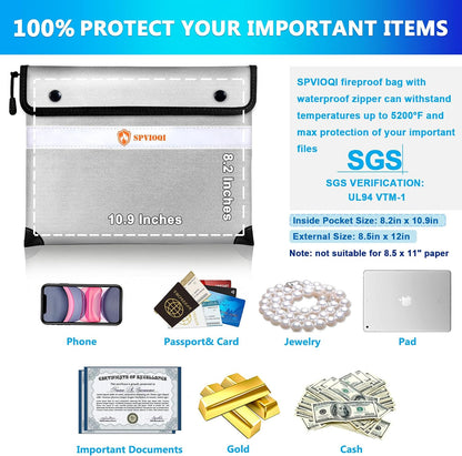 Upgraded 5200°F Fireproof Document Bag with Heat Insulated, Water Fire Proof Bags with Zipper,8 Layers of Functional Materials and Reflective Strip, Fireproof Money Bag for Cash/Documents/Valuables