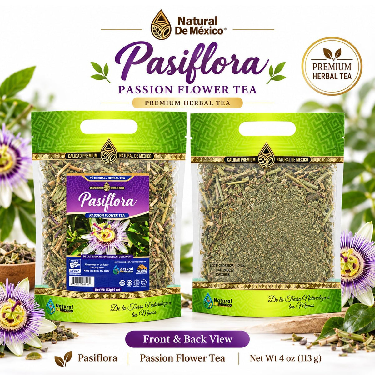 Natural de Mexico Pasiflora - Passion Flower Herbal Tea, Loose Dried Herb for Traditional Infusion, Resealable Pouch 4 oz (113 g)