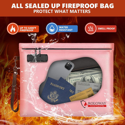 ROLOWAY Fireproof Document Bag (14.5 x 11.5 inch), 6400℉ Fireproof Money Bag with Zipper for Cash, Fire Safe Money Pouch with Lock (Black)