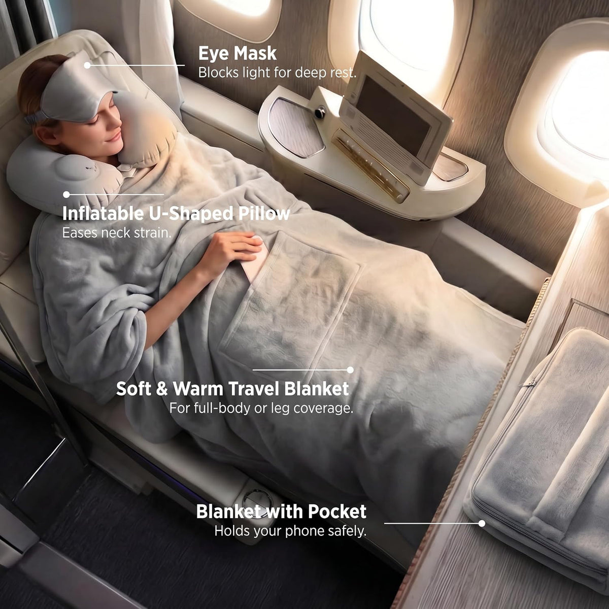 Bedsure Travel Blanket Set with Inflatable Neck Pillow and Eye Mask, Grey