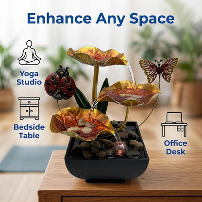 Tabletop Fountain,Indoor Water Fountain,Home Fengshui Décor Zen Relaxation Soothing Sound Machine for Office,Living Room,or Bedroom,Green Lotus,Hummingbird & Pink Flower,9.1inch