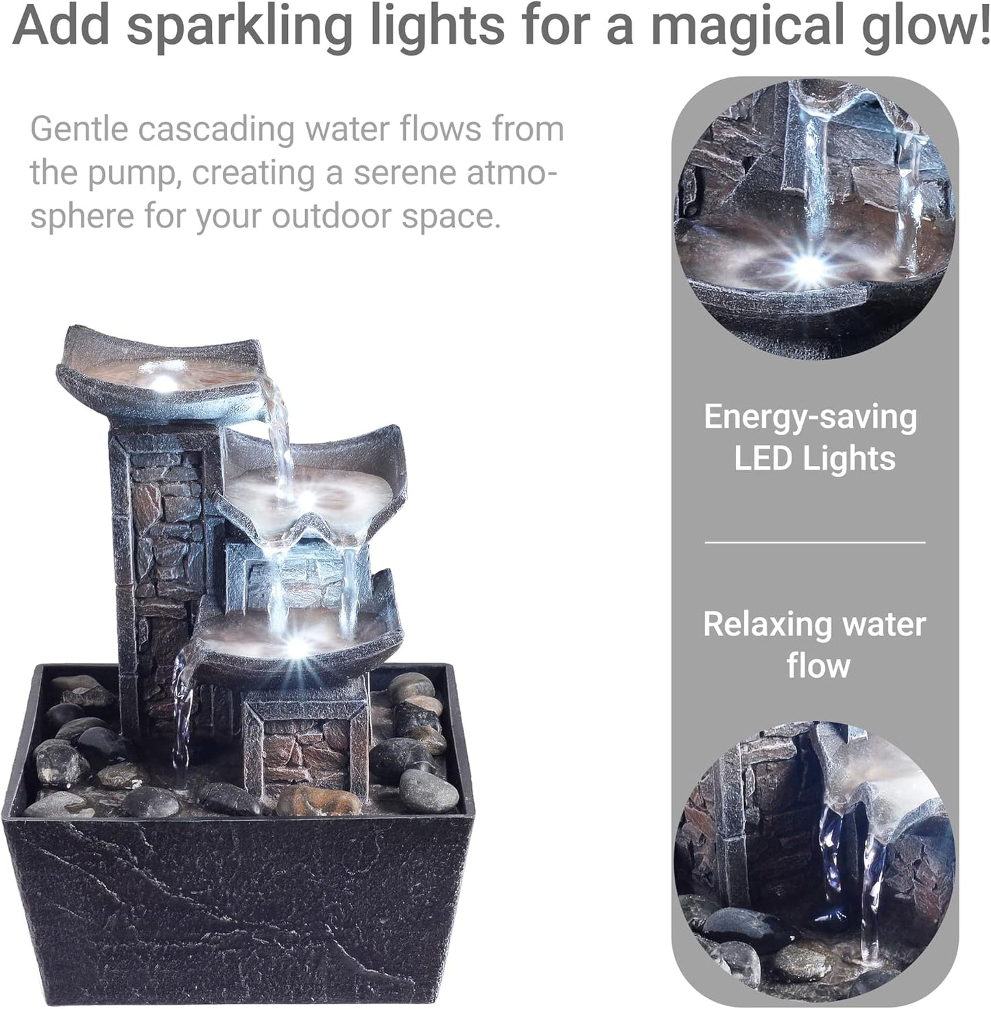 Tabletop Indoor Water Fountain – 3-Tier Rock Waterfall Fountain with Warm LED Light and DIY Planting Pot – Relaxing Small Water Feature for Desk or Home Decor (23061)