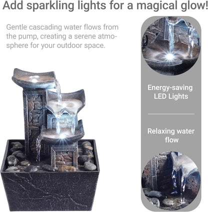 Tabletop Indoor Water Fountain – 3-Tier Rock Waterfall Fountain with Warm LED Light and DIY Planting Pot – Relaxing Small Water Feature for Desk or Home Decor (23061)