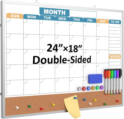 Monthly Calendar Dry Erase Board 16x12 Inch, Double-Sided Whiteboard and Corkboard Combo, Wall Mounted Planner Organizer with Markers, Magnets, Push Pins, Eraser, for Home Office School