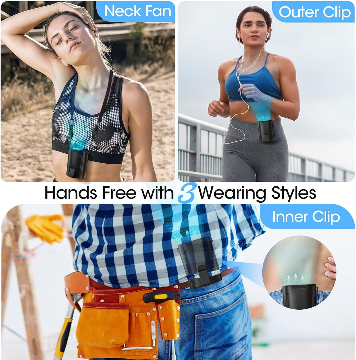 Heelkl 2026 AI Portable Fan Rechargeable, 4-Speed Strong Airflow, Personal Waist Fan with up to 25H of Working Time, Hands-Free Hanging Neck Fan, Wearable Belt Fan for Camping, Outdoor, Jobsite