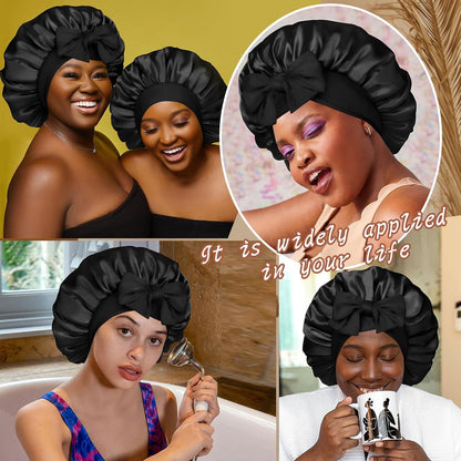 Satin Bonnet for Sleeping Cap Double Layer Hair Bonnet with Elastic Tie Band for Curly Hair Night Cap (Bean Paste + Pink)