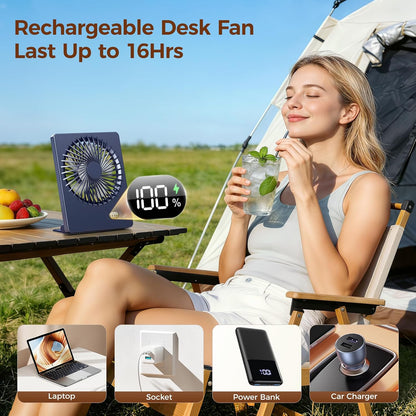 Zuvas Desk Fan Battery Operated Fan Rechargeable 180°Tilt Folding Personal Fan Ultra Quiet Small Portable 3 Speed Adjustable Strong Wind Fan For Office Bedroom Home Desktop Camping (White)