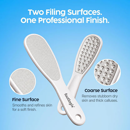Footlogix Double-Sided Stainless Steel Foot File with Rubberized Handle – Coarse & Fine Grit Foot Exfoliator for Dry, Rough Skin | Professional Pedicure Tool | Lightweight, Easy to Clean