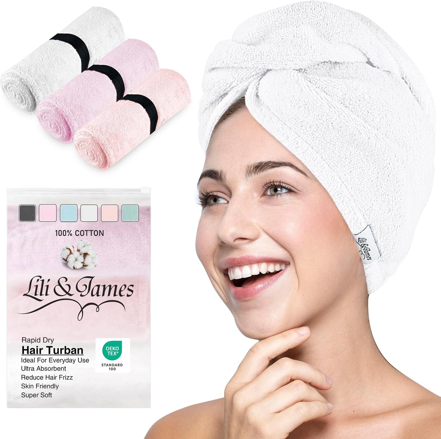 Lili&James 100% Cotton Hair Towel Wrap for Women & Kids – 420 GSM Quick Dry Hair Turban with Double Button Loop, Anti Frizz Non Microfiber Hair Drying Towel for Curly, Long & Thick Hair (Lilac)
