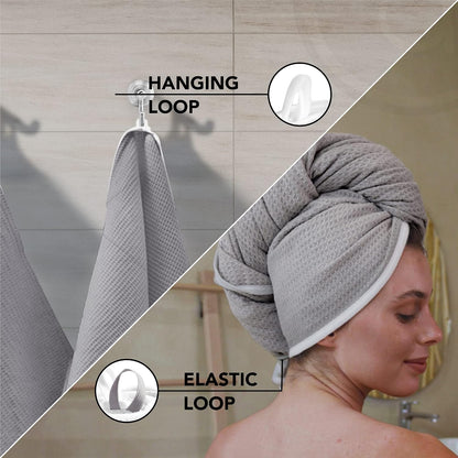 Microfiber Hair Wrap for Women - Extra Large 45 x 25 Quick-Dry Towel, Anti-Frizz, Breathable, Waffle Knit, Elastic Loop for Wet, Curly & Straight Styles - Grey - Microfiber Hair Towel